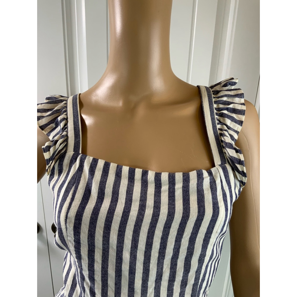 Women's Striped Romper Romper Size 6 Blue/White Ruffles Fitted Waist Cottagecore - Picture 3 of 16